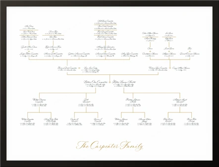 A framed family tree in the Descendants, chart style
