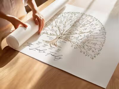 A family tree print of a few dozen names being unrolled on a table
